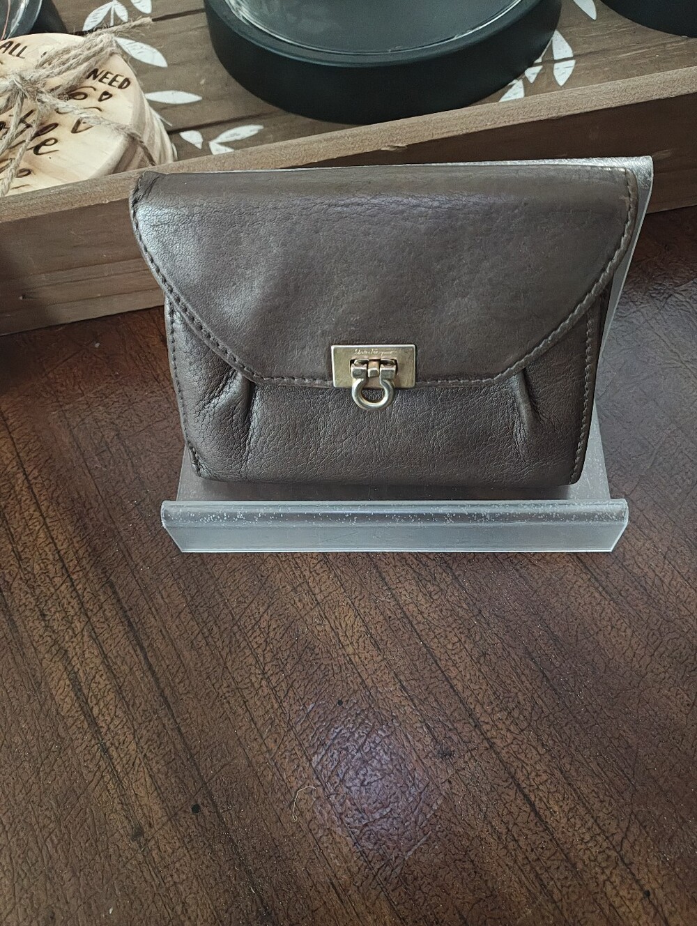 Salvatore Ferragamo Dark Brown Leather Compact Wallet with Gold-Tone Hardware